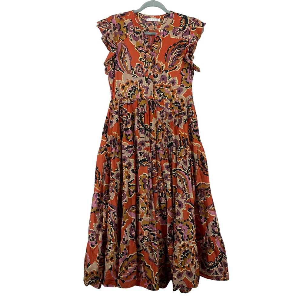 Karlie Size Small Tiered Midi Dress Orange Floral Paisley Ruffle Sleeve Women